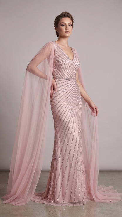 Pailletten-Abendkleid mit Cape-Ärmeln E307