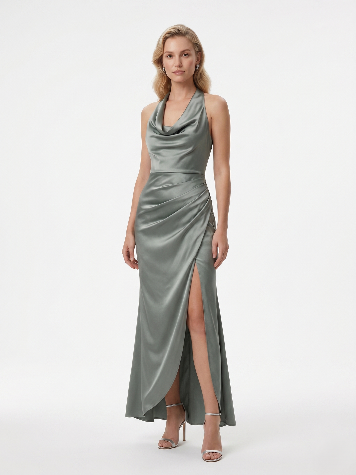 Satinabendkleid mit Wasserfallausschnitt   E283