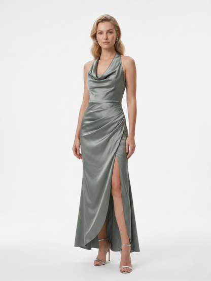 Satinabendkleid mit Wasserfallausschnitt   E283