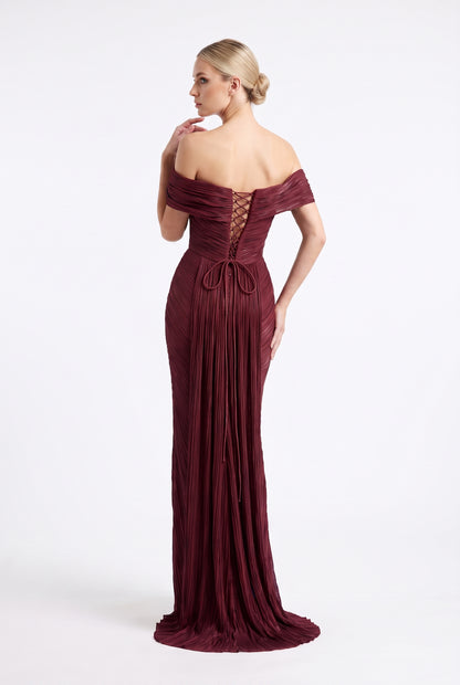 Elegantes schulterfreies Plissee-Abendkleid in Metallic-Olivgold Beschreibung: e389