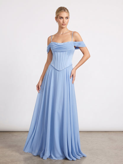 Elegantes fließendes Korsett-Abendkleid in Hellblau Beschreibung: e411