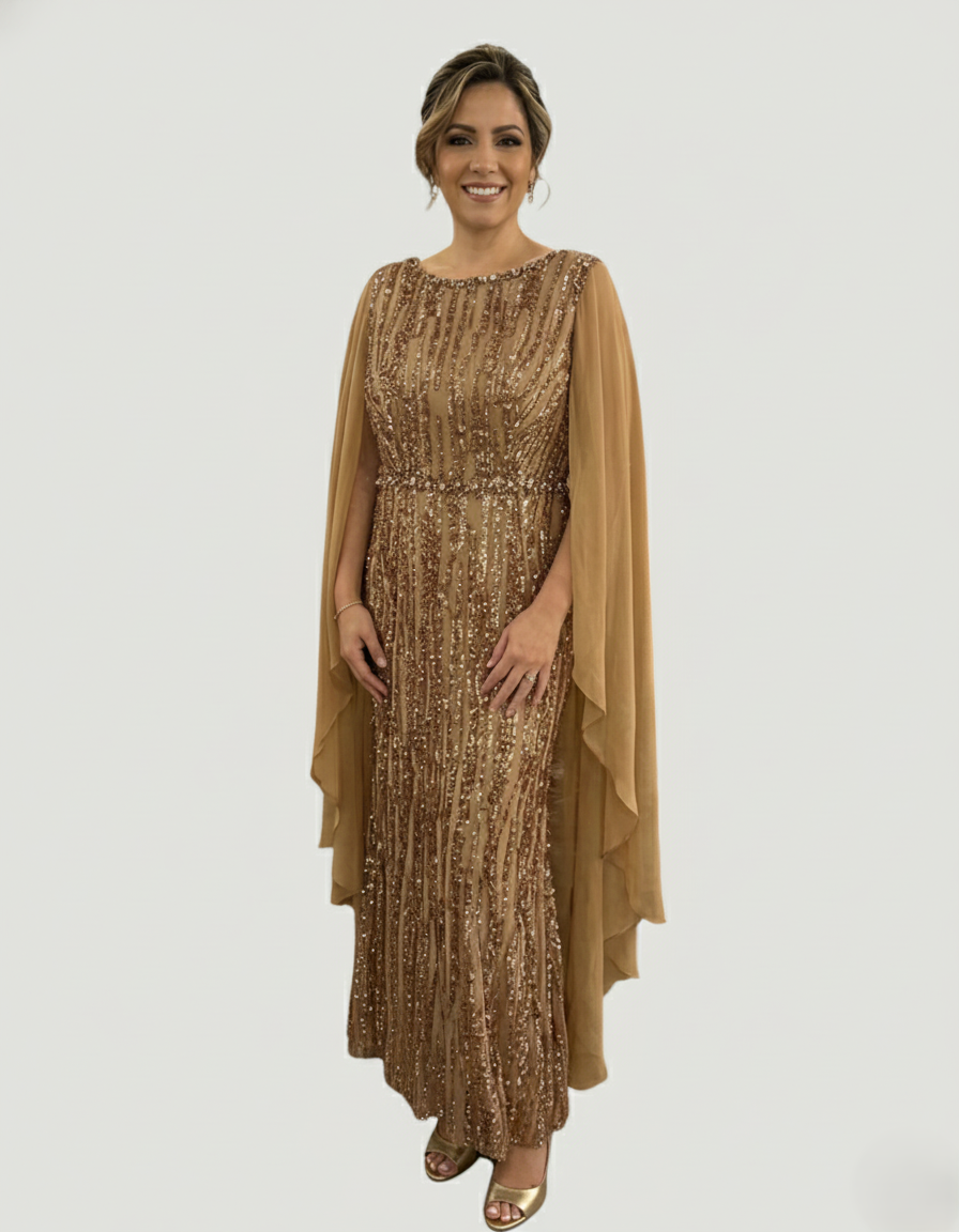 Langes Pailletten-Abendkleid mit Cape-Ärmeln&nbsp - E288