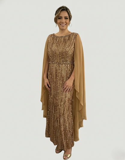 Langes Pailletten-Abendkleid mit Cape-Ärmeln&nbsp - E288