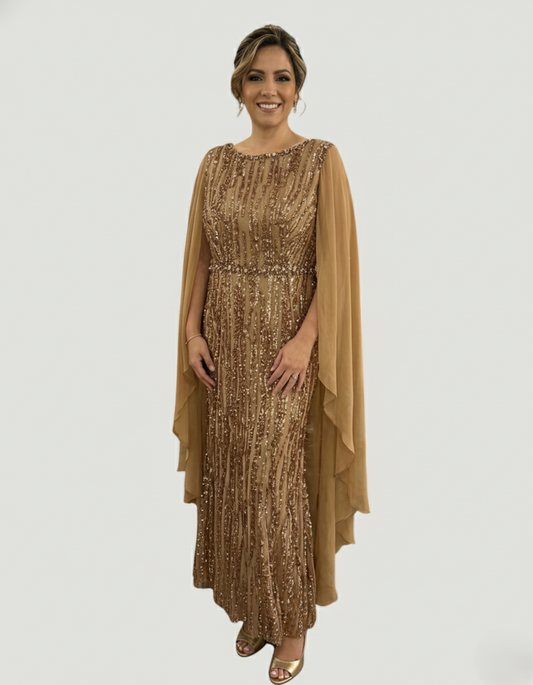 Langes Pailletten-Abendkleid mit Cape-Ärmeln&nbsp - E288