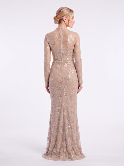 Langärmliges Spitzen-Abendkleid mit Raffung in Schokobraun Beschreibung: e405