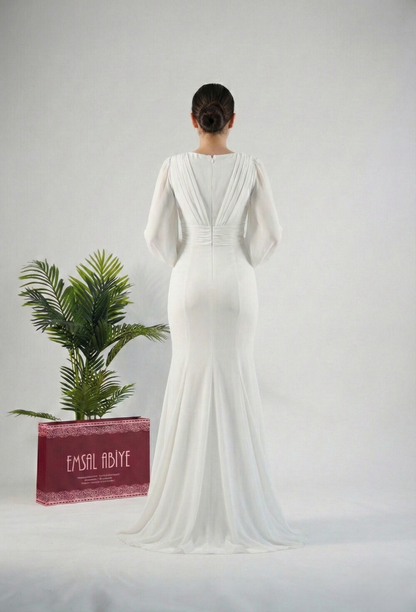 Chiffon-Abendkleid mit V-Ausschnitt, Drapierung und langen Ärmeln E349