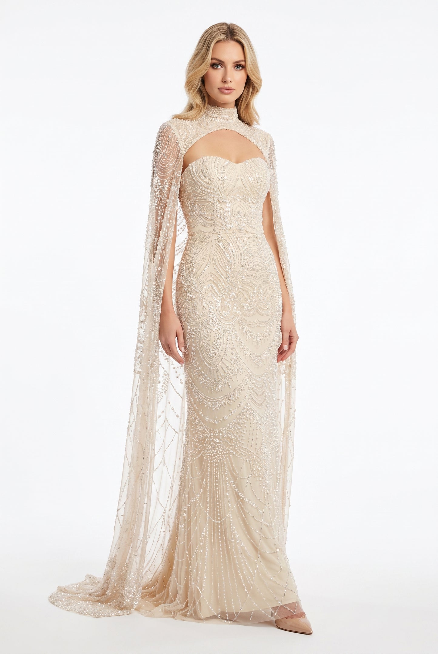 Elegantes Abendkleid mit besticktem Umhang in Champagner Beschreibung: e404