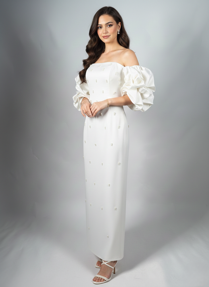 Schulterfreies Langes Abendkleid mit Puffärmeln E340