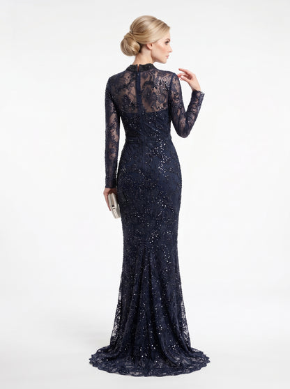 Langärmliges Spitzen-Abendkleid mit Raffung in Schokobraun Beschreibung: e405