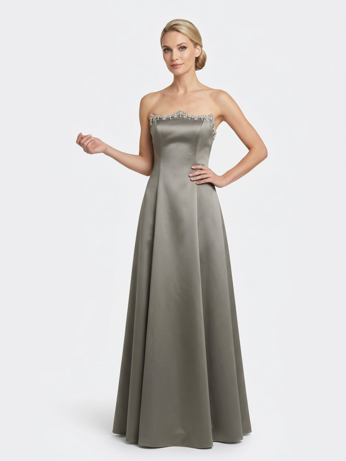 Elegantes trägerloses Saten-Abendkleid mit Strassbesatz und Choker in Schokoladenbraun e423