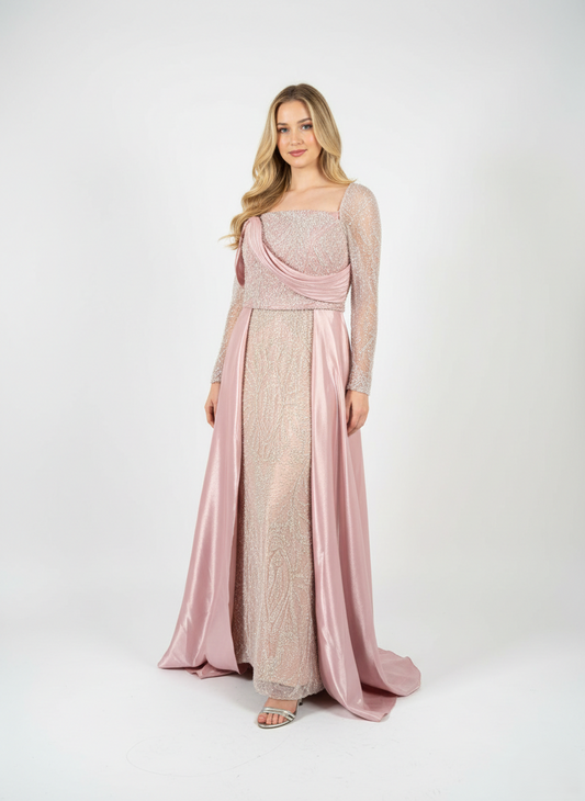 Langes Abendkleid mit Drapiertem Satin-Detail – Puderrosa E344