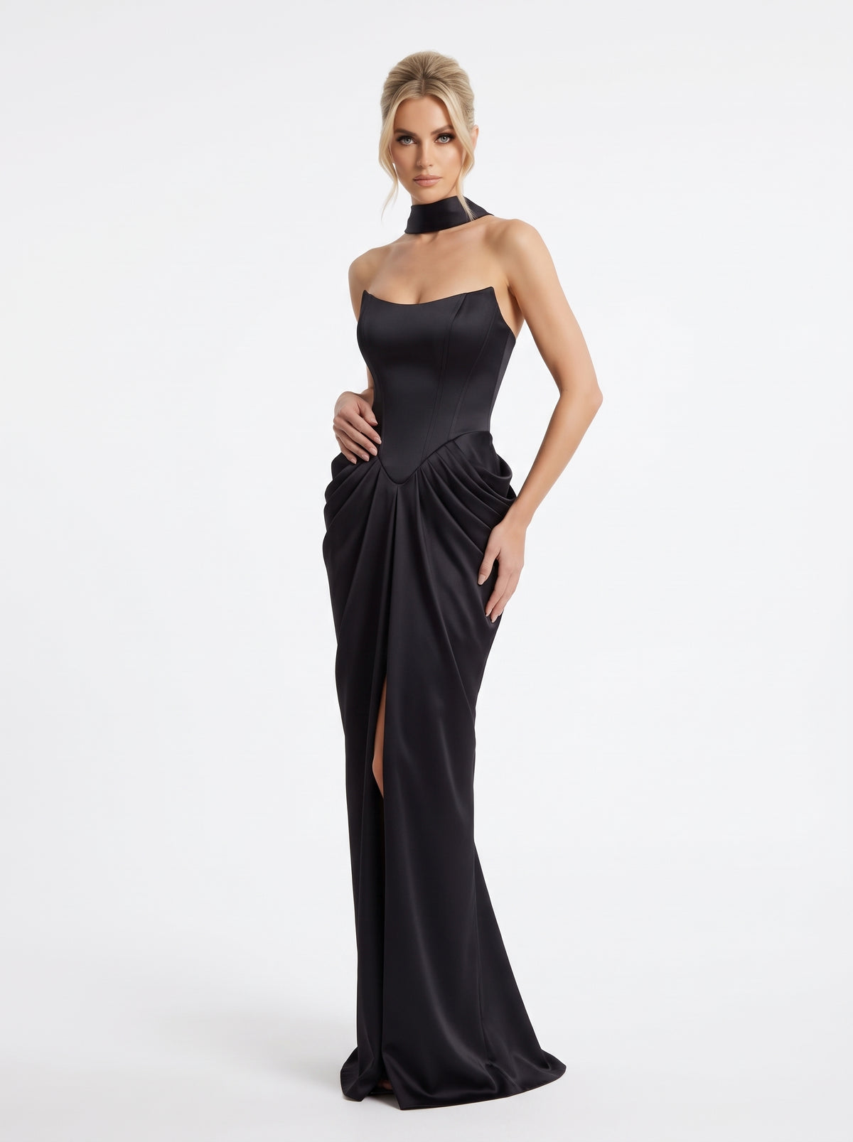 Artful, figure-hugging ruching and draping e429