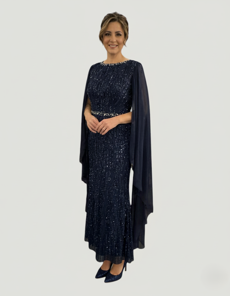 Langes Pailletten-Abendkleid mit Cape-Ärmeln&nbsp - E288