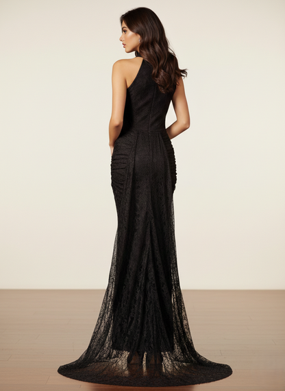 Langes Abendkleid mit Drapierung und Neckholder E369