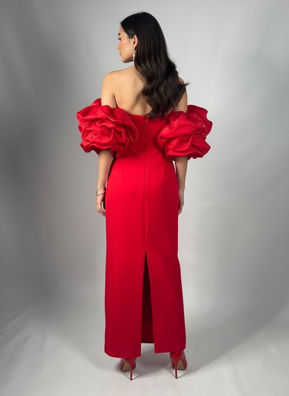 Schulterfreies Langes Abendkleid mit Puffärmeln E340