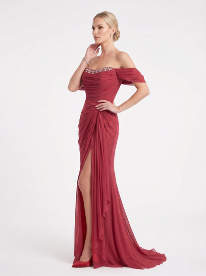 Schulterfreies Chiffon-Abendkleid mit Strassverzierung in Champagner Beschreibung: e417