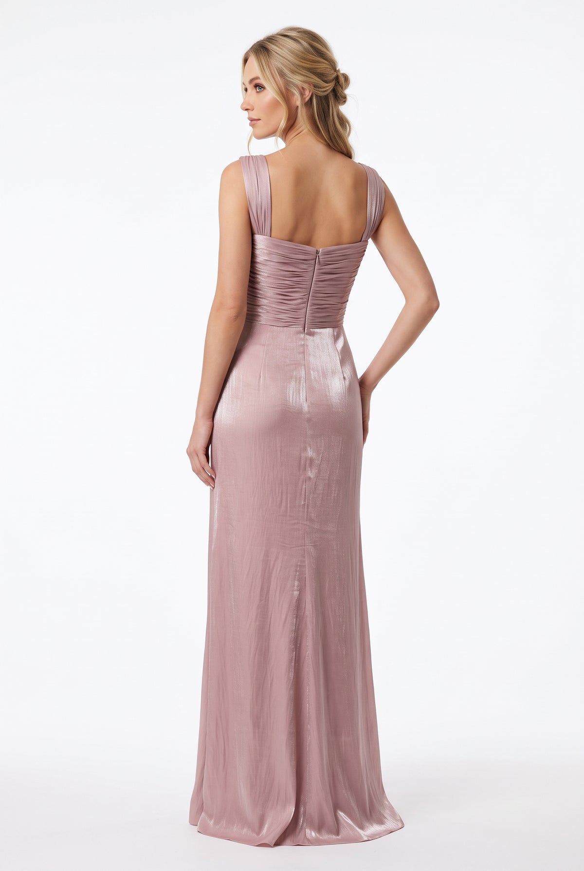 Elegantes Abendkleid mit Drapierung in Metallic-Kupfer Beschreibung: e414