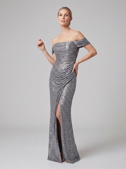 Langes Glänzendes Abendkleid mit Schlitz E354