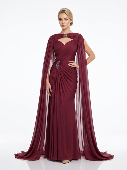 e:  Elegantes Chiffon-Abendkleid in Khakigrün mit Paillettenkragen und Cape-Ärmeln Beschreibung:  e422