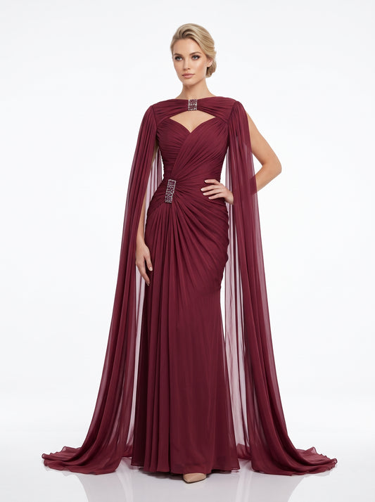 e:  Elegantes Chiffon-Abendkleid in Khakigrün mit Paillettenkragen und Cape-Ärmeln Beschreibung:  e422