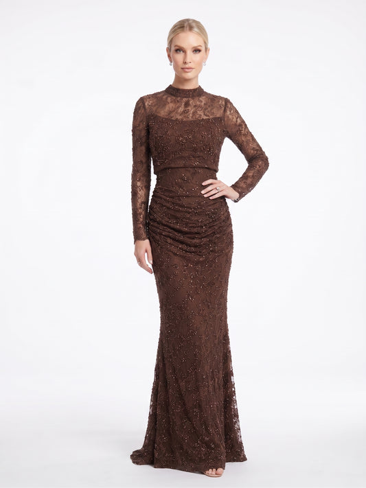 Langärmliges Spitzen-Abendkleid mit Raffung in Schokobraun Beschreibung: e405