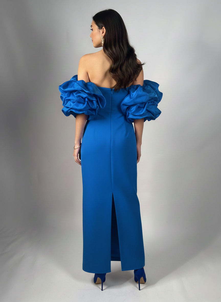 Schulterfreies Langes Abendkleid mit Puffärmeln E340