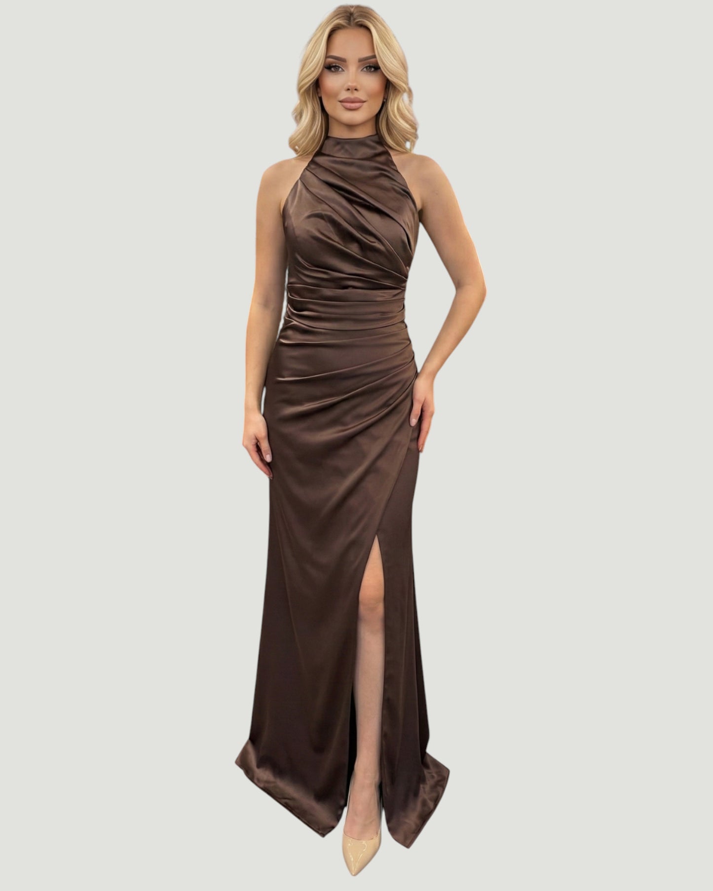 Drapiertes Satin-Kleid mit Neckholder - E277