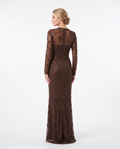 Langärmliges Spitzen-Abendkleid mit Raffung in Schokobraun Beschreibung: e405