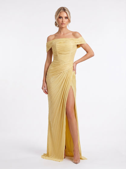 Elegantes schulterfreies Plissee-Abendkleid in Metallic-Olivgold Beschreibung: e389