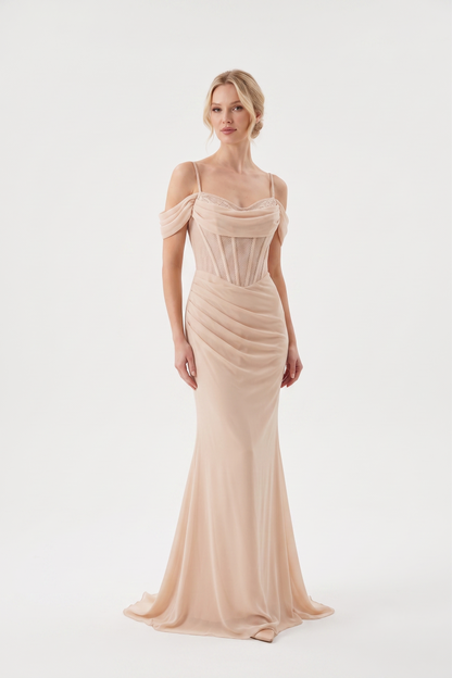 Schulterfreies Langes Abendkleid mit Korsett-Detail E350