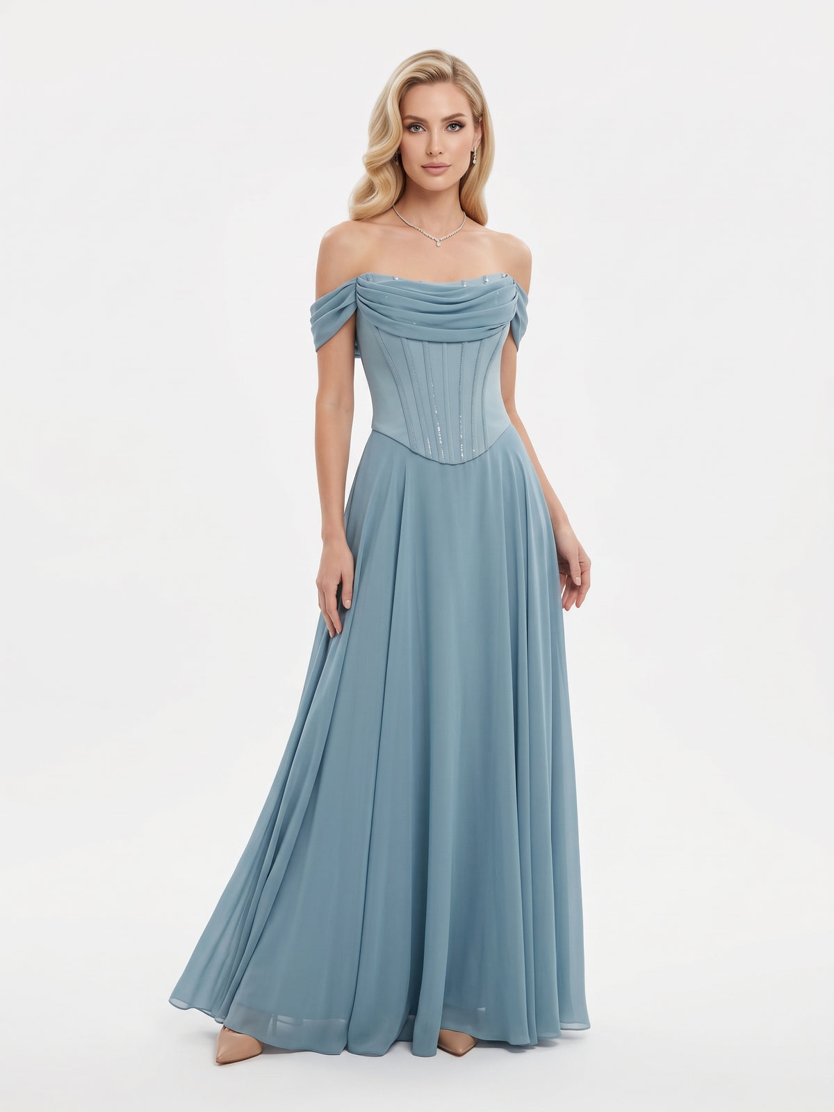 Elegantes fließendes Korsett-Abendkleid in Hellblau Beschreibung: e411