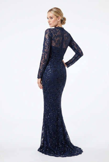 Langärmliges Spitzen-Abendkleid mit Raffung in Schokobraun Beschreibung: e405
