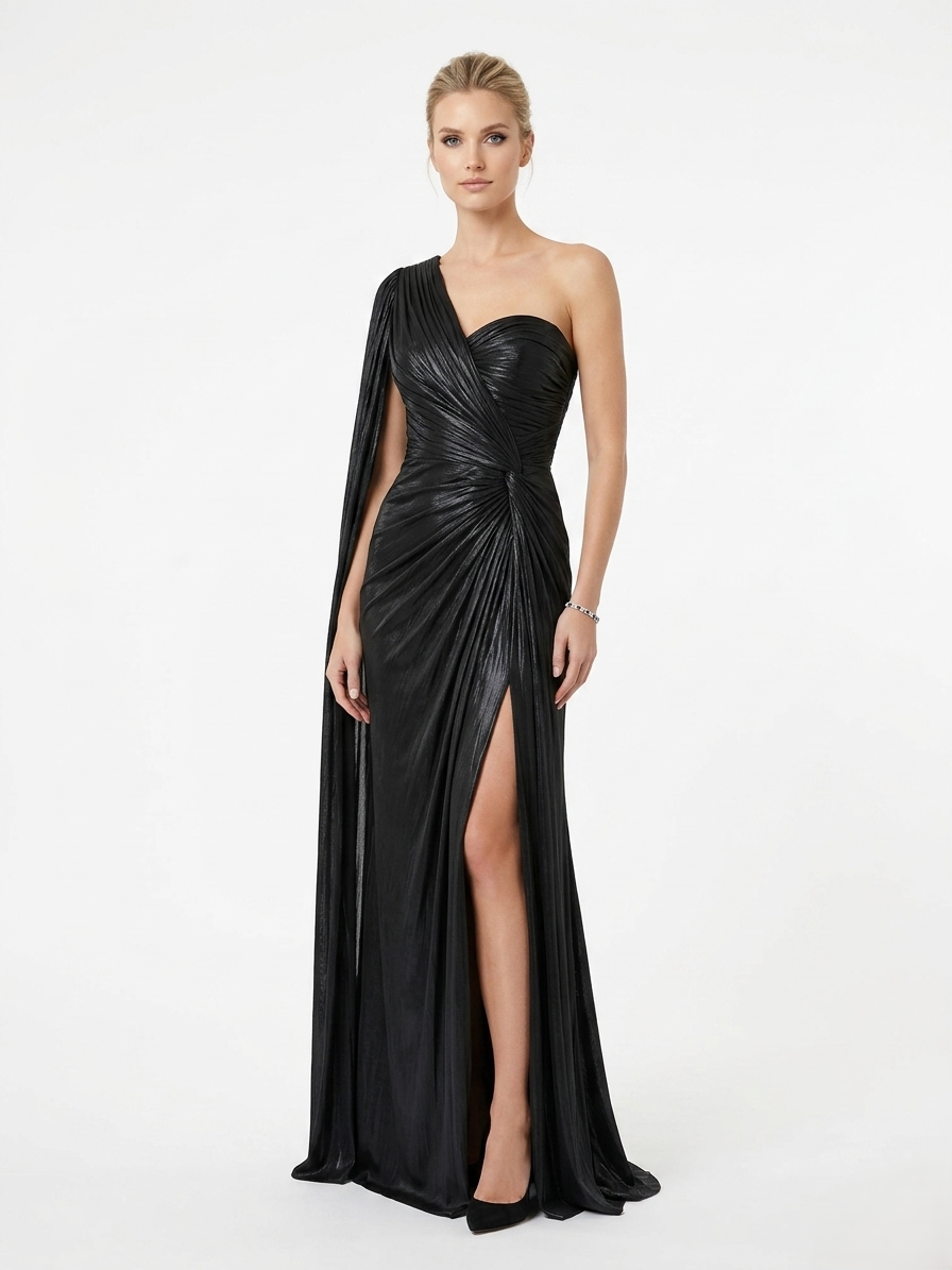 Asymmetrisches One-Shoulder Abendkleid in glänzendem Schwarz Beschreibung: e401