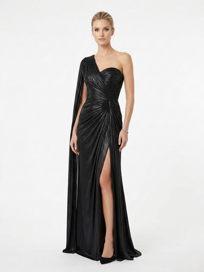 Asymmetrisches One-Shoulder Abendkleid in glänzendem Schwarz Beschreibung: e401
