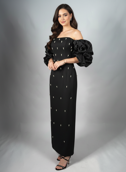 Schulterfreies Langes Abendkleid mit Puffärmeln E340