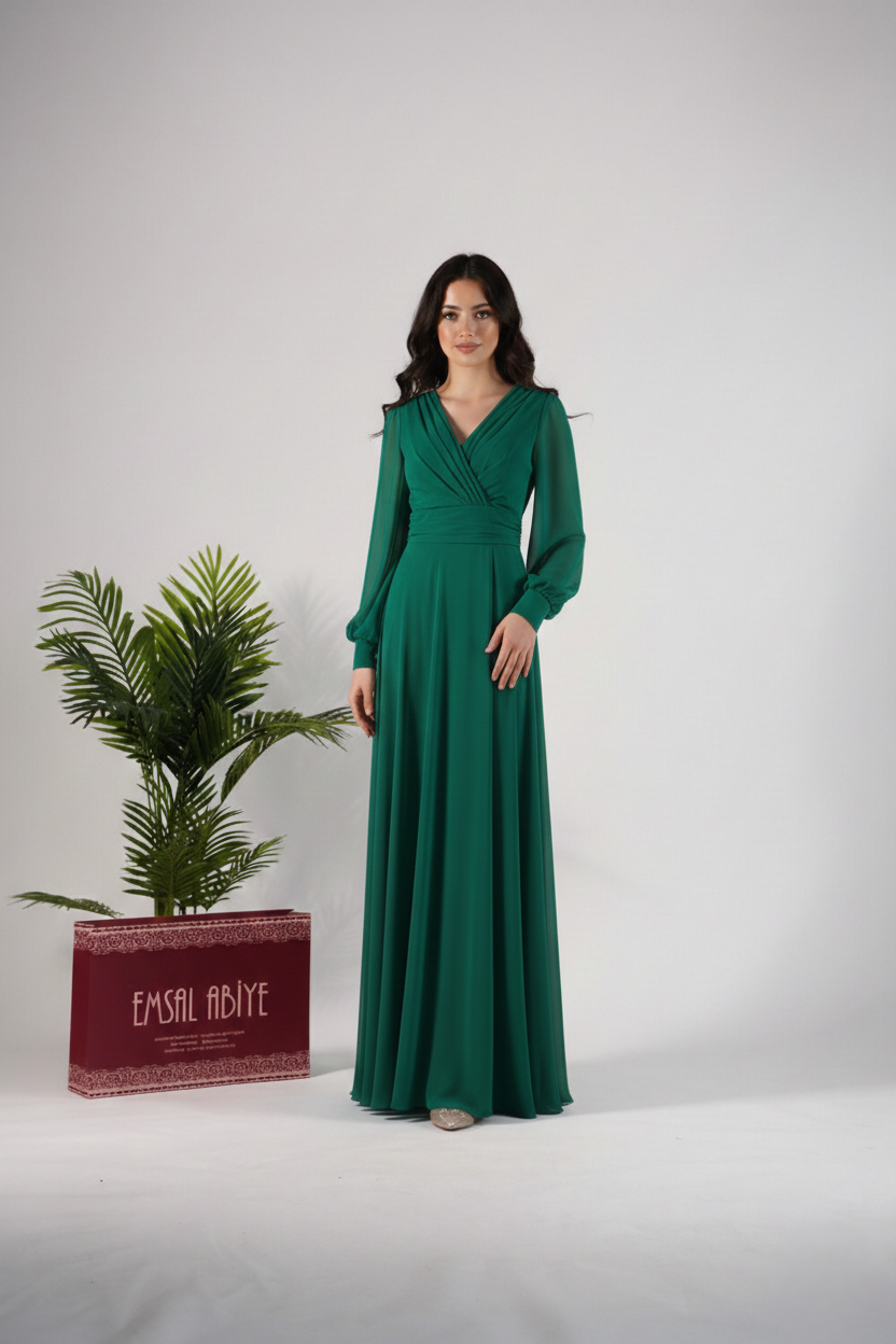 Chiffon-Abendkleid mit V-Ausschnitt und langen Ärmeln E348