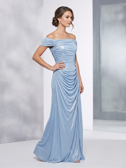 Langes Abendkleid mit Drapierung, Carmen-Ausschnitt und Schlitz E363