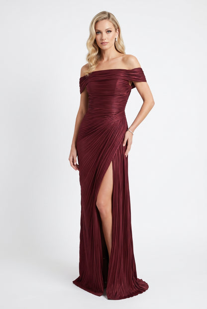 Elegantes schulterfreies Plissee-Abendkleid in Metallic-Olivgold Beschreibung: e389