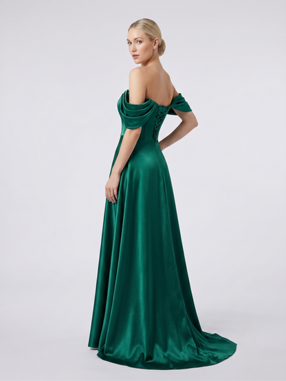 Langes Abendkleid mit U-Boot-Ausschnitt und Drapierung E370