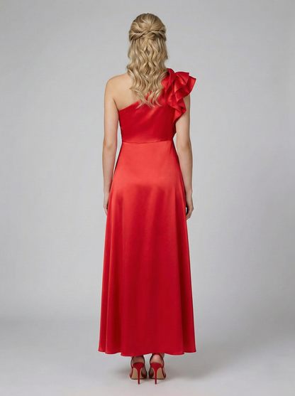 Satin-Abendkleid mit One-Shoulder-Design und Volantdetail – Marineblau E345