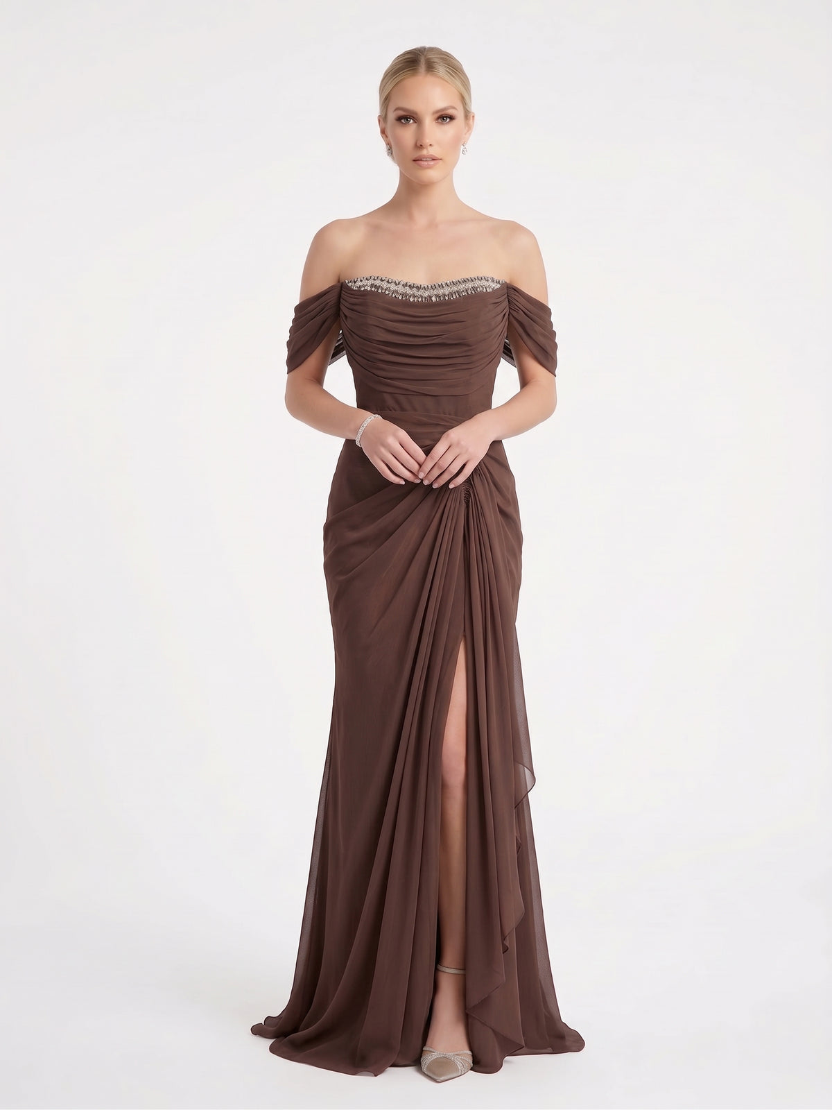 Schulterfreies Chiffon-Abendkleid mit Strassverzierung in Champagner Beschreibung: e417