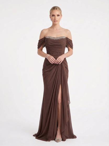 Schulterfreies Chiffon-Abendkleid mit Strassverzierung in Champagner Beschreibung: e417