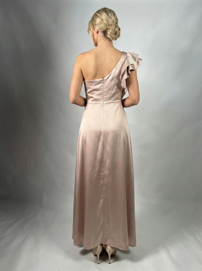 Satin-Abendkleid mit One-Shoulder-Design und Volantdetail – Marineblau E345