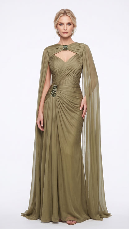 e:  Elegantes Chiffon-Abendkleid in Khakigrün mit Paillettenkragen und Cape-Ärmeln Beschreibung:  e422