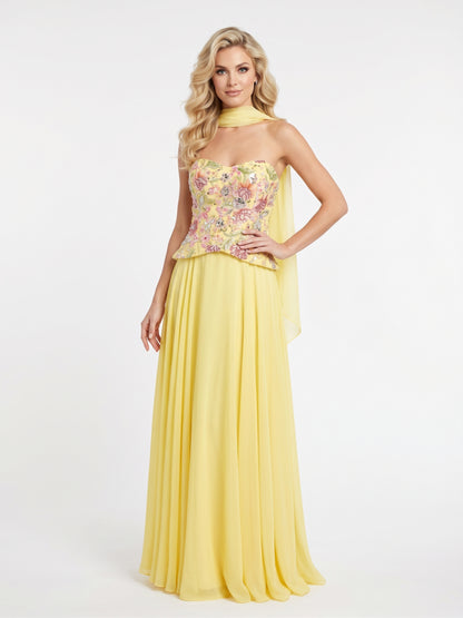 Trägerloses Abendkleid mit floralem Schößchen-Oberteil in Zartrosa Beschreibung: e409