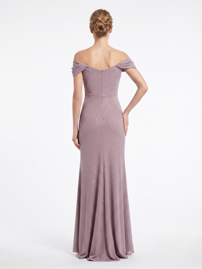 Langes Abendkleid mit Drapierung, Carmen-Ausschnitt und Schlitz E363
