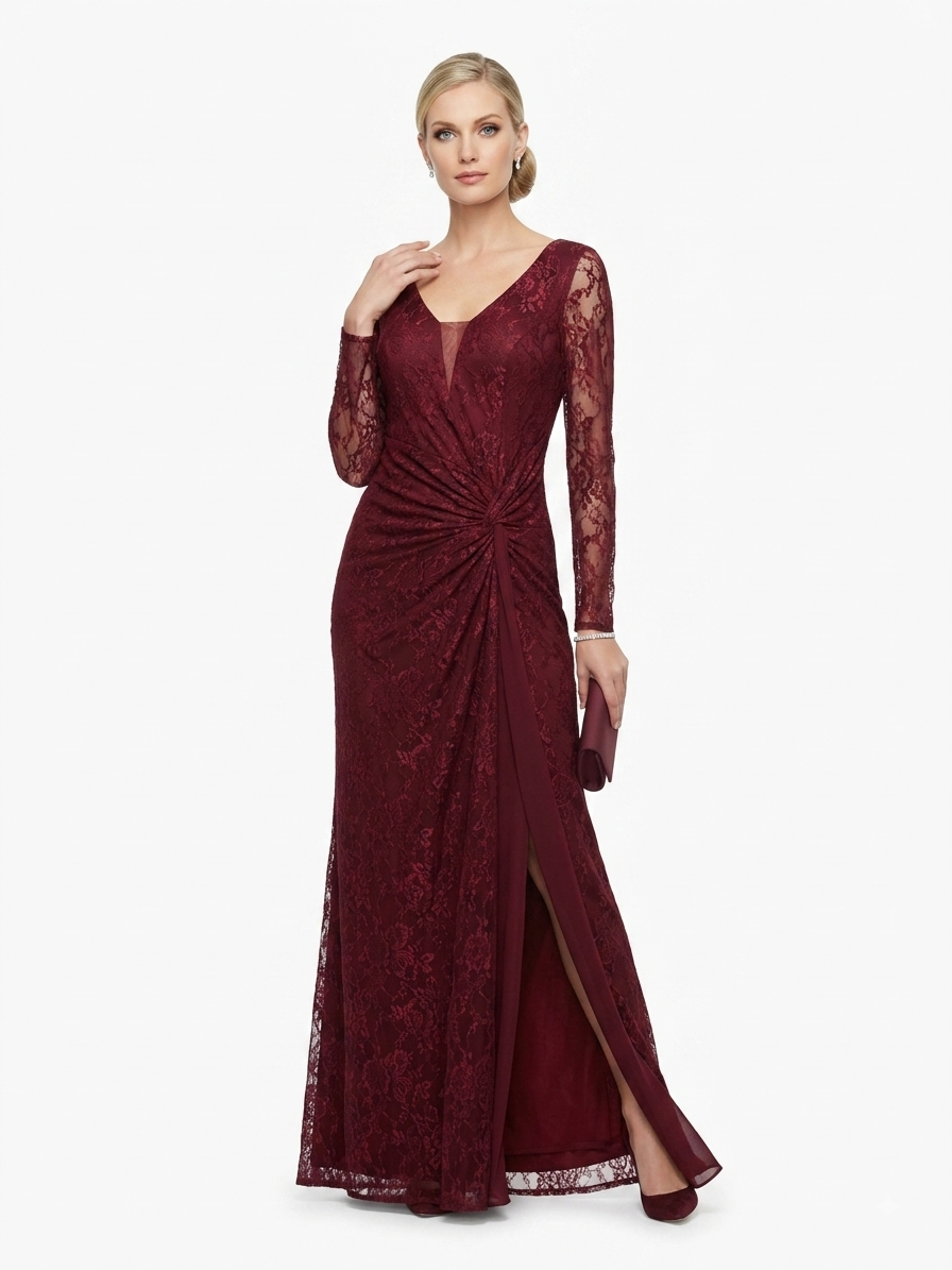 Spitzen-Abendkleid mit Drapierung und hohem Schlitz e395