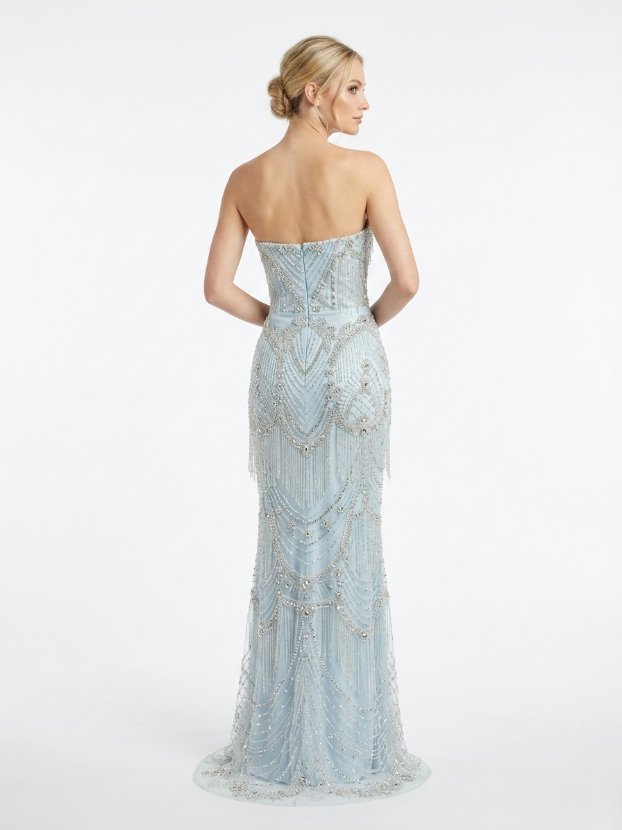 Elegantes trägerloses Abendkleid mit Perlenverzierung e396
