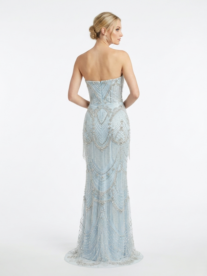 Elegantes trägerloses Abendkleid mit Perlenverzierung e396