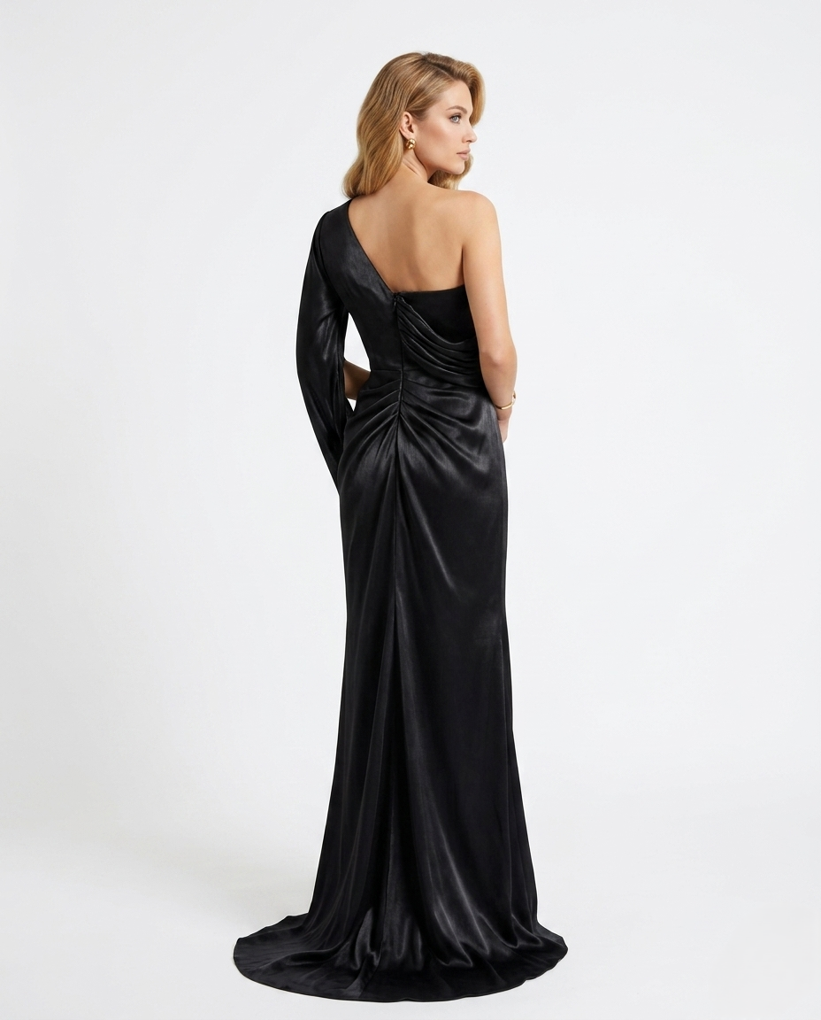 Asymmetrisches One-Shoulder Abendkleid in glänzendem Schwarz Beschreibung: e401